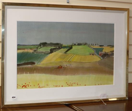 Patrick Hall (1906-1992) watercolour, Landscape Pas De Calais, Montpelier Studio label verso, 42 x 69cm